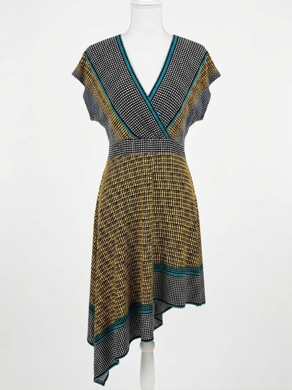 BCBGMAXAZRIA Geometric Print Asymmetric Wrap Dress Yellow Blue Black Size L